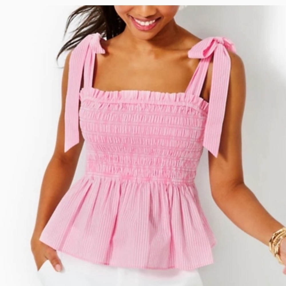 Lilly Pulitzer Rivera Pink Bow Tie Blouse Medium Pink White